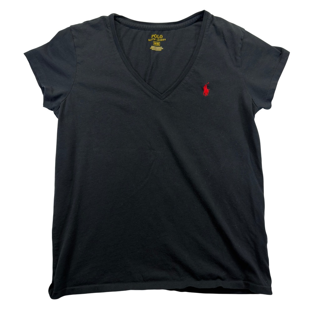 Polo Ralph Lauren Womens M V Neck T Shirt Black Red Pony Short Sleeve Tee
